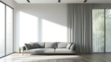 a living room with a grey sofa white ceiling and a wi