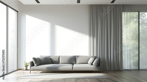 a living room with a grey sofa white ceiling and a wi photo