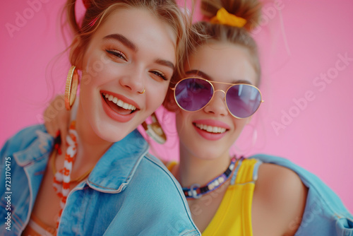 young cheerful fun happy cool dancing listen to music isolated on pink color background studio portrait. Lifestyle concept