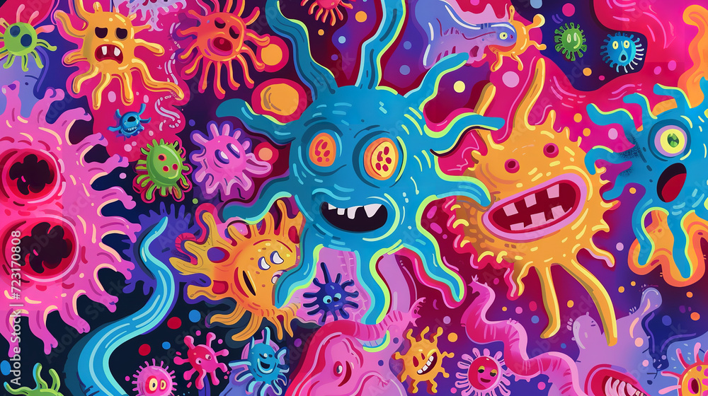 A 70s psychedelic style illustration of viruses, inspired by the vibrant color scheme A 70s psychedelic style illustration of viruses, inspired by the vibrant color scheme