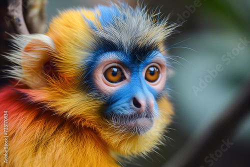 Colorful artistic monkey. rainbow monkeys colorful monkeys. Cute monkey with colored fur of yellow, blue, red. funny studio portrait of monkey