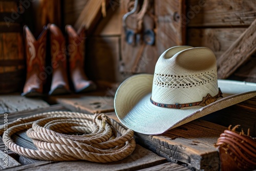 Classic white cowboy hat and leather boots on a ranch floor with a lariat