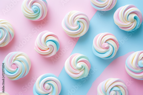 a pastel background with marshmallow in the shape of spiral