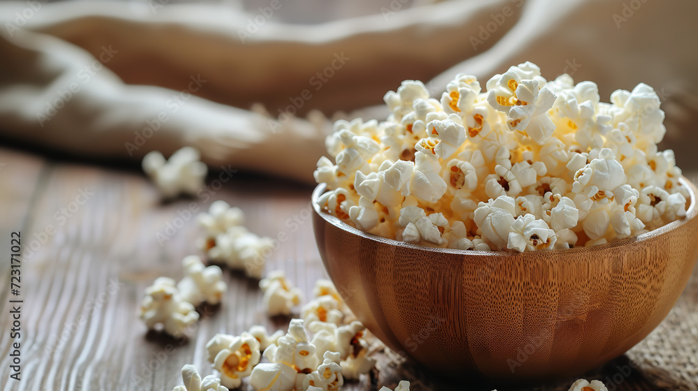 A wooden bowl of salted popcorn on rustic table A wooden bowl of salted popcorn on rustic table