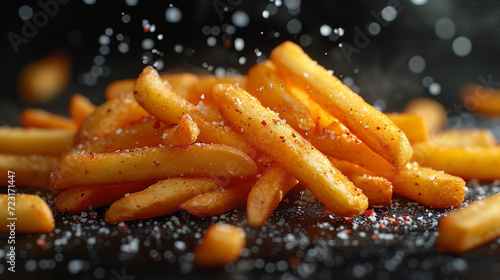 French fries floating on black background