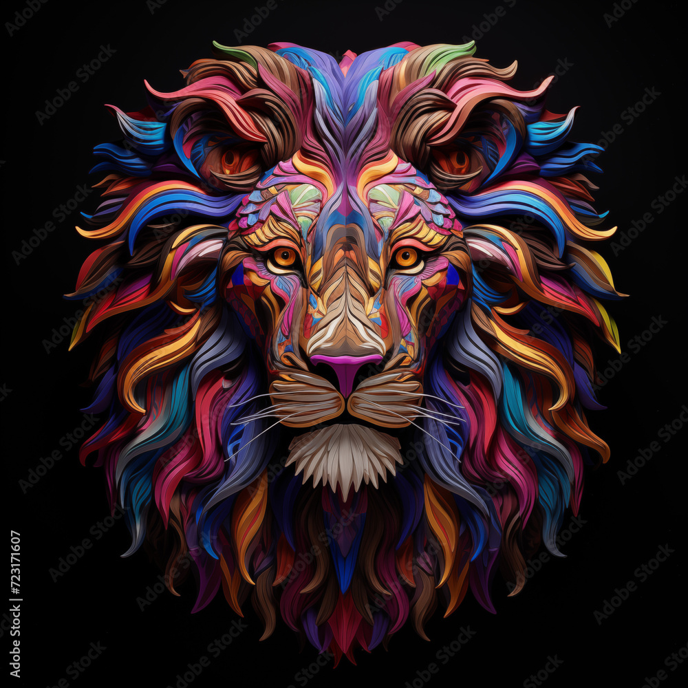 Colorful lion head on black background