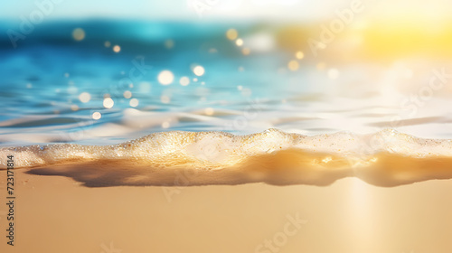Sandy beach with light blue transparent water waves and sunlight, tranquil aerial beach scene © ma