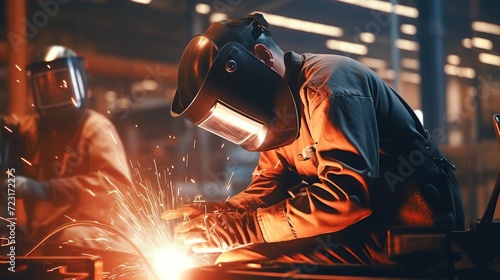 Workers welding ferrous metal in a factory © meta