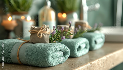 Towels with herbal bags in spa center