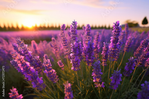 Lavender flowers basking in the warm glow of the setting sun