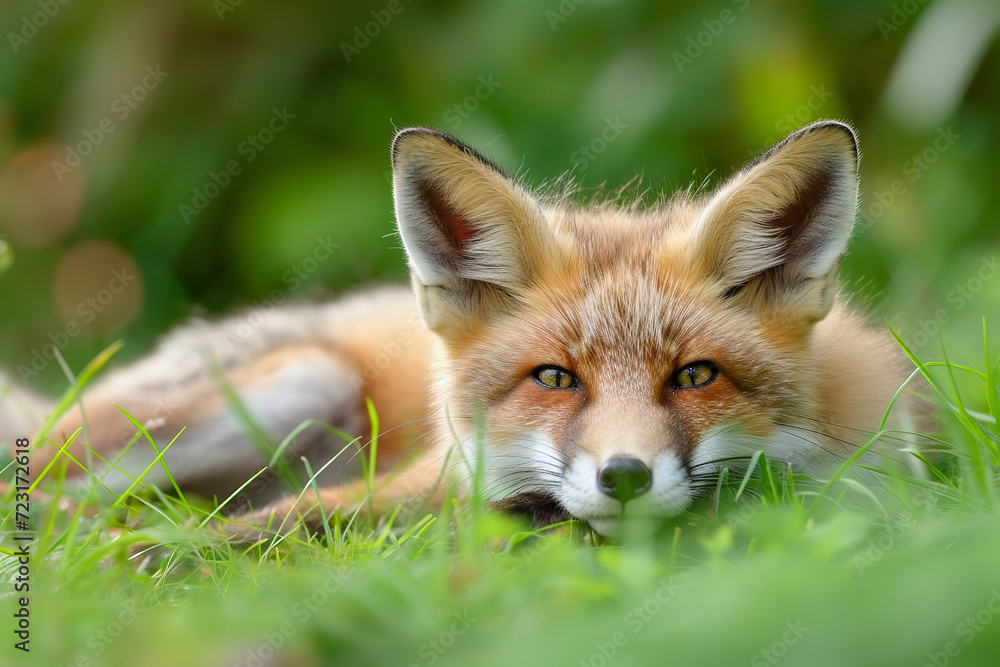 Obraz premium Young Red Fox Lying on the Grass in A Green Natural Background