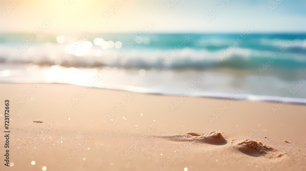 Sandy beach with light blue transparent water waves and sunlight, tranquil aerial beach scene Sandy beach with light blue transparent water waves and sunlight, tranquil aerial beach scene