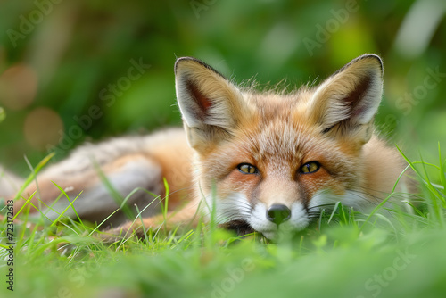 Young Red Fox Lying on the Grass in A Green Natural Background