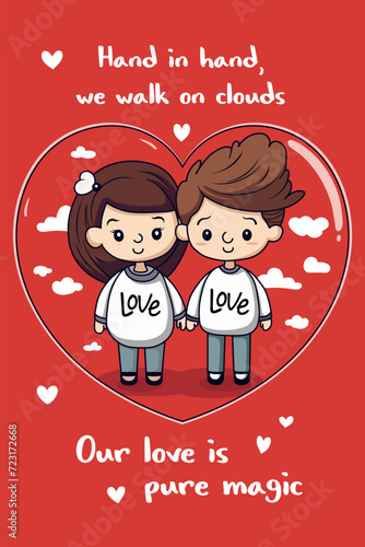 Postcard for lovers. Happy boy and girl touch hands, feel in love. A cartoon couple is experiencing a moment of close bonding. Good relationship concept. Flat vector illustration. Couple in love again