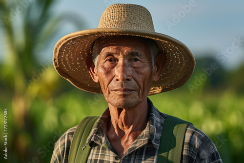 Elderly male farmer with weathered skin wearing a straw hat, showcasing agricultural experience