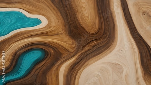 Fototapeta Naklejka Na Ścianę i Meble -  Abstract art of layered wood with natural brown and vibrant turquoise patterns, resembling topographical lines or flowing water.