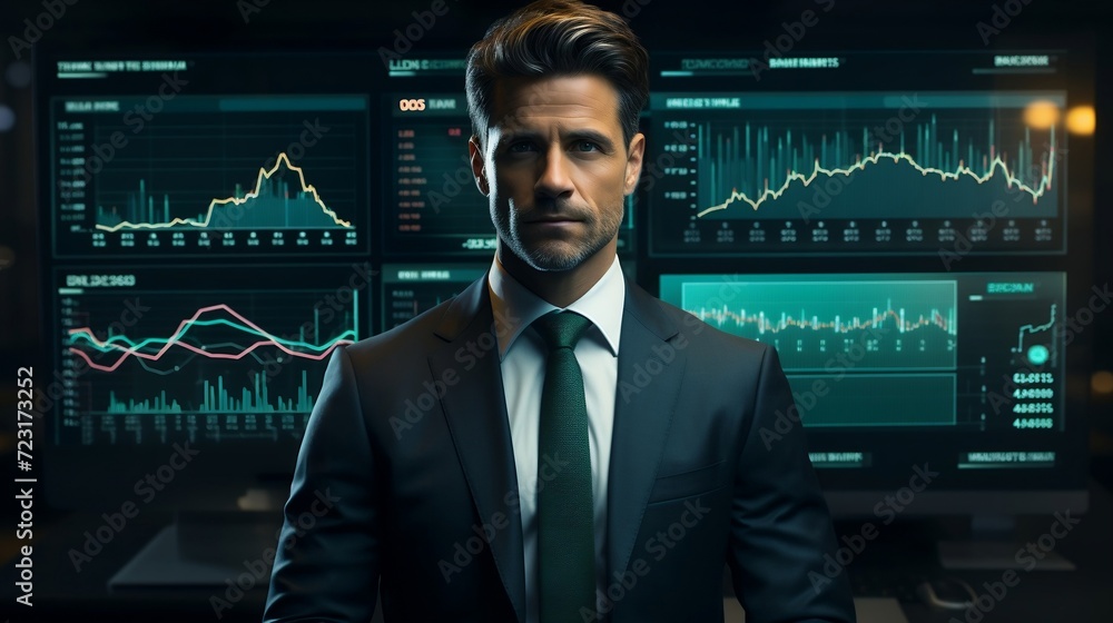 Portrait of a handsome young businessman looking at the camera while standing in front of a computer monitor with stock charts. Portrait of a handsome young businessman looking at the camera while standing in front of a computer monitor with stock charts.