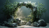 a rock garden with a natural stone arch in