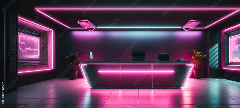 Fototapeta premium neon cyber futuristic themed lighting reception area as mockup wide banner with copy space