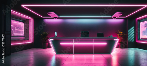 neon cyber futuristic themed lighting reception area as mockup wide banner with copy space