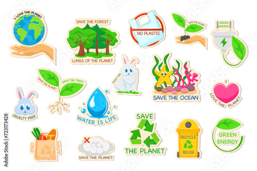 Sticker collection for ecological lifestyle. Set of ecology stickers with slogans - green energy  save the trees  zero waste  save the ocean  no plastic    save the planet  love the planet