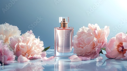 Elegant Glass Perfume Bottle Surrounded by Lush Peonies on a Reflective Surface