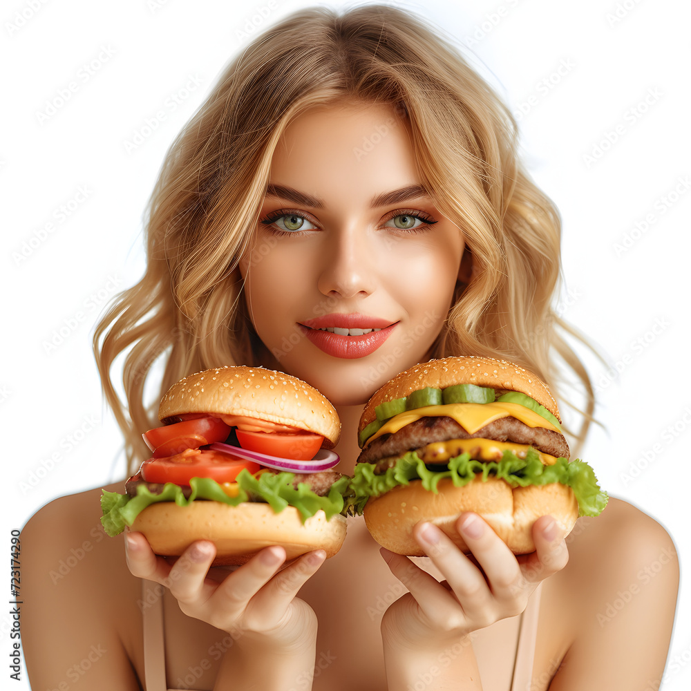 Young woman choosing between healthy food and fast food isolated on white background, text area, png
