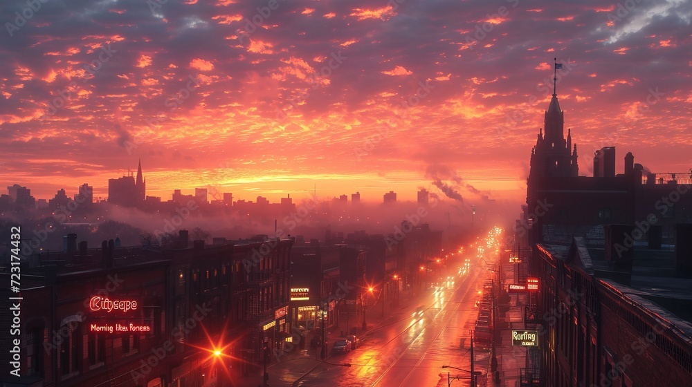 Obraz premium Early morning urban landscapes captured from rooftop terraces, bathed in warm hues, showcasing the peaceful side of waking city life. AI