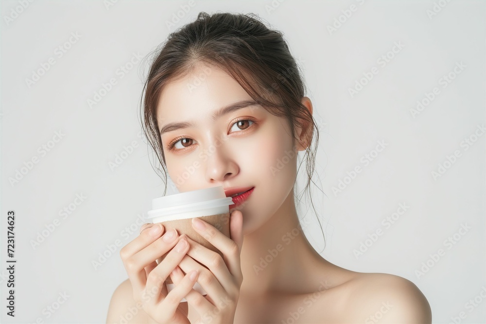 コーヒーを手に持つ日本人女性(背景なし・白背景・珈琲) コーヒーを手に持つ日本人女性(背景なし・白背景・珈琲)