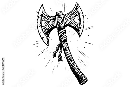 War axe hand drawn ink sketch. Engraved style vector illustration. photo