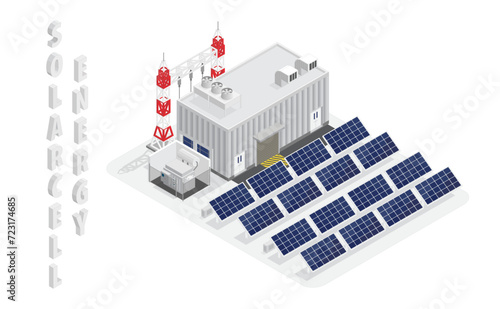 solar cell energy, solar cell power plant, solar farm isometric graphic