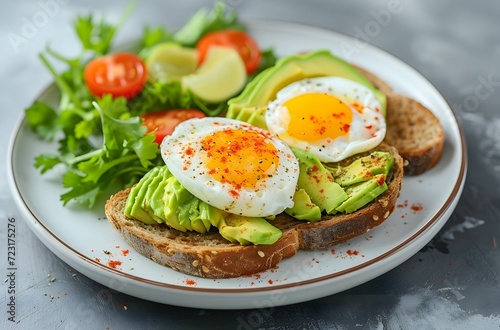 Classic Breakfast Delight - Avocado, Eggs, and Toast on a Grey Background, a Savory Combination for a Wholesome Start