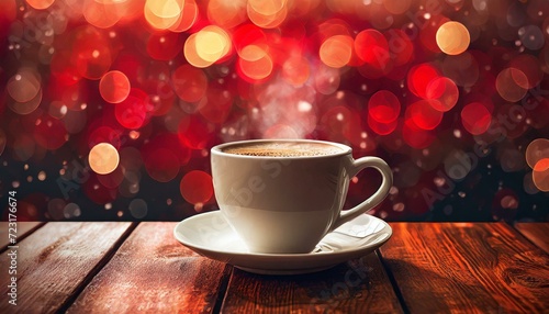 a hot coffee cup on a textured wooden table against a background of dreamy red bokeh blur. Infuse a sense of relaxation and sophistication, creating a scene that resonates with both warmth and eleganc photo
