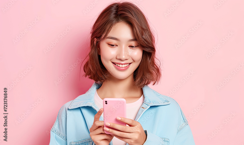 A beautiful and happy Asian woman using her smartphone while standing against an isolated pink background.Generative AI A beautiful and happy Asian woman using her smartphone while standing against an isolated pink background.Generative AI