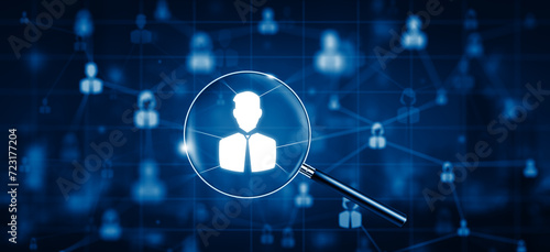 HR management, recruitment, employment, and headhunting concept. Officer looking for employee or leader with magnifier. Magnifying glass and Peoples icons. Depth of Field and 3D Rendering.