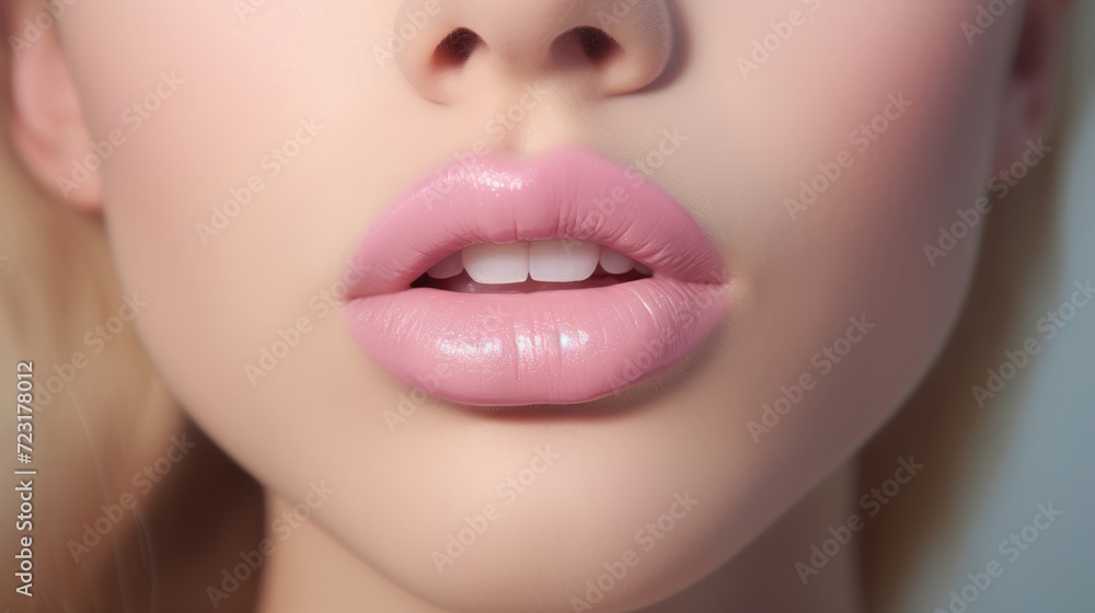Fototapeta premium Girl's pink lips close-up, delicate makeup
