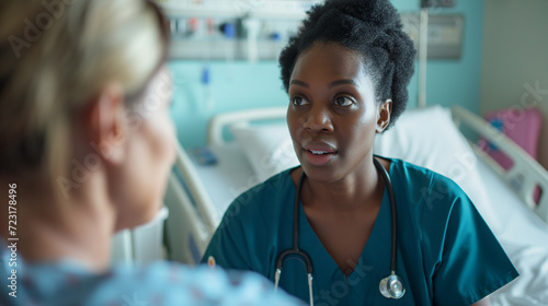 Compassionate african american nurse or a doctor comforting a patientin a hospital room