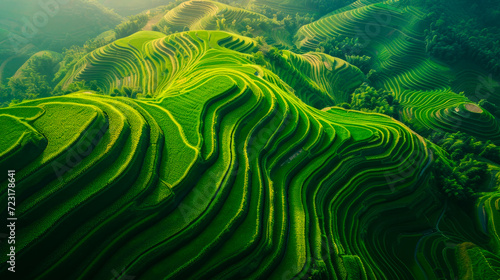 View from above, stunning aerial view of the green rice terrace fields during sunrise.