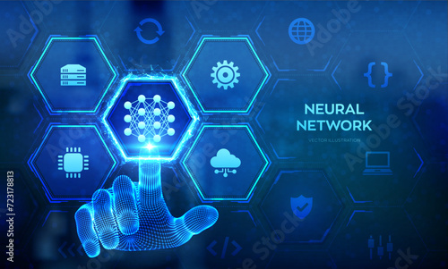 Neural network technology concept. AI. Artificial Intelligence. Machine Learning. Deep learning. Big data analysis. Wireframe hand touching digital interface. Vector illustration.