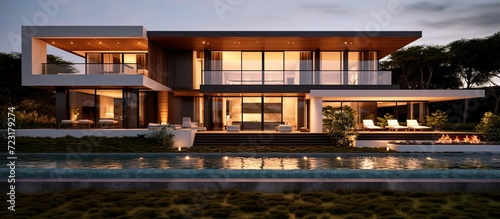 Evening view of a luxurious modern house. 3D Illustration