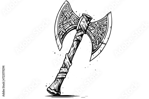 War axe hand drawn ink sketch. Engraved style vector illustration.