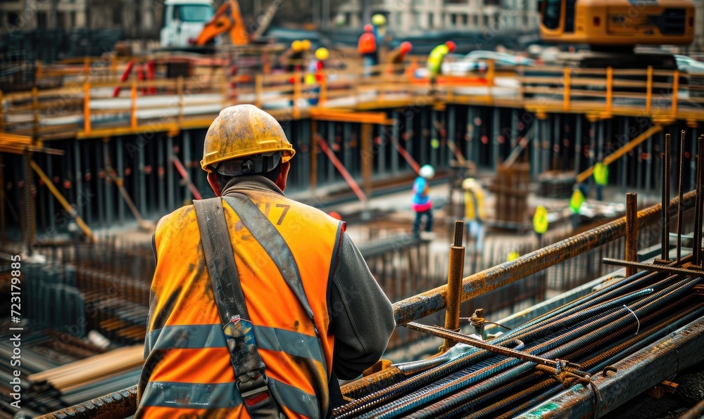 Photo of construction worker who is doing iron works on a construction site with a lot of construction tools and equipment in the background. Photo of construction worker who is doing iron works on a construction site with a lot of construction tools and equipment in the background.