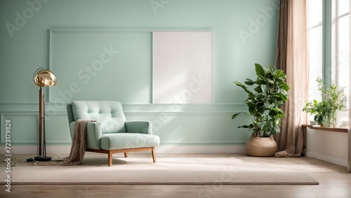 a room including a mint wall  an empty frame mockup  a wooden floor  and a modern white armchairInterior mockup of a bright room  empty space for mockup