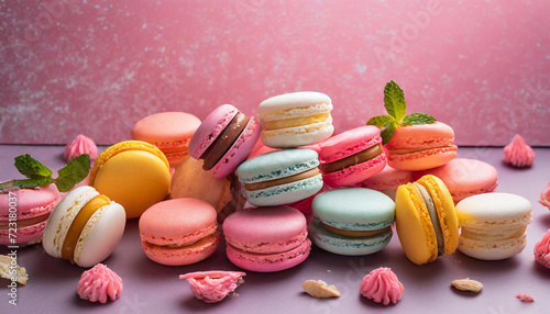 Colorful macaroons pink background, sweet dessert.