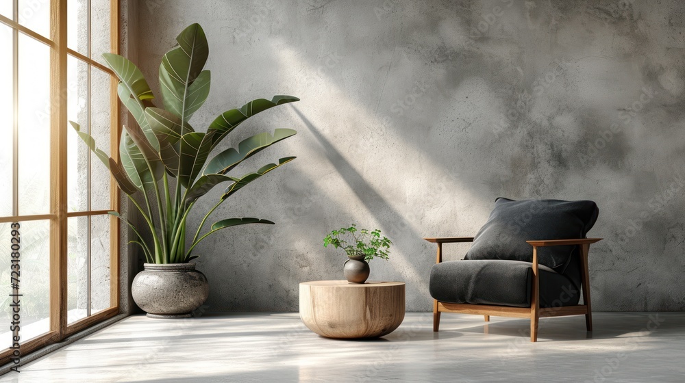 Minimalist living room setup with a sleek black armchair for a modern and clean aesthetic Minimalist living room setup with a sleek black armchair for a modern and clean aesthetic