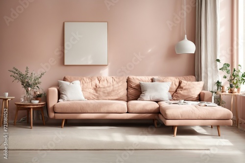 Scandinavian style interior with sofa and coffe table  Empty wall mock up in minimalist interior with pastel colors