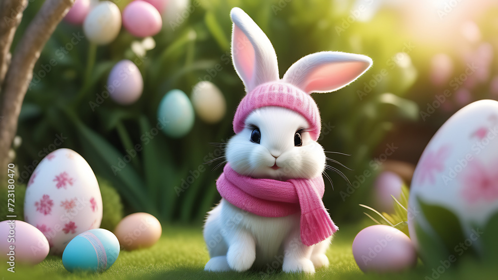 Cute Easter bunny in pink scarf with Easter eggs in beautiful garden with flowers, blurred background Cute Easter bunny in pink scarf with Easter eggs in beautiful garden with flowers, blurred background