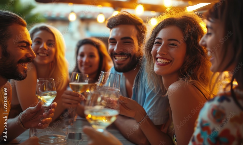 A group of happy young friends, everyone is smiling, they are drinking in a bar celebrating a happy hour.
