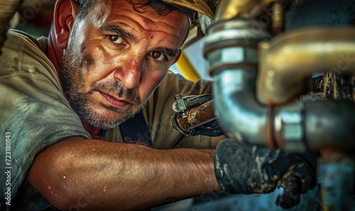 Plumber is checking water pressure with pressure gauge of leaky pipe in the boiler room during the afternoon. photo