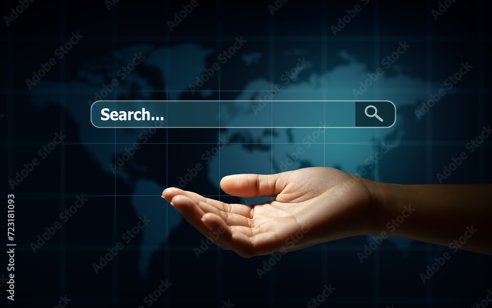 Man hand holding search box and loupe with technology background. Search browser internet data information network. Network and Social Media for Search engine optimization and web analytics Concept. Man hand holding search box and loupe with technology background. Search browser internet data information network. Network and Social Media for Search engine optimization and web analytics Concept.